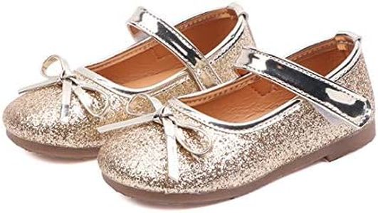 YIBLBOX Girl's Glitter Ballet Flats Ballerina Mary Jane Princess Wedding Dress Shoes, Gold-3, 8.5 Toddler