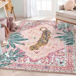 Aldopein Washable Pink Rugs Boho Vintage Tropical Jungle 5x7 Area Rugs Jungle Oriental Carpet for Bedroom Kitchen Dining Living Room Office Distressed Indoor Cute Nursery Rug