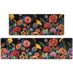 Likiyol Kitchen Mats for Floor [2 PCS] Anti-Fatigue Comfort Kitchen Rugs, Cushioned Waterproof Non-Slip Kitchen Decor Mat Thick, Floral Standing Floor Mats for Home/Office, 18''x48''+18''x60''(Black)