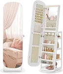 SONGMICS LED Jewelry Cabinet, 360° Swivel Jewelry Organizer, Lockable Mirror Jewelry Cabinet Standing, Rounded Wide Full-Length Mirror with Storage Shelves, Interior Mirror, Cloud White UJJC036W01