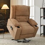 Merax Oversized Power Lift Recliner Armchair, Modern Upholstered Massage Chair with Cup Holders, Soft Fabric Reclining Chairs with Heat and Massage for Living Room, Ultimate Comfort, Light Brown