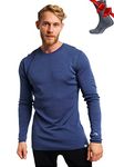 Merino.tech 100% Organic Merino Wool Lightweight Men's Base Layer Long Sleeve Thermal T-Shirt + Wool Hiking Socks (Large, Windsor Blue 250)