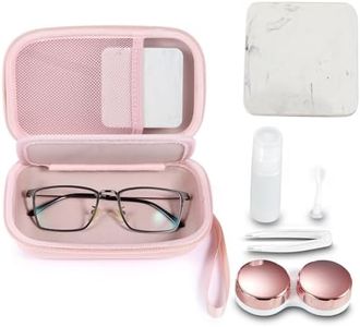 MUQING Portable Glasses and Contact Case 2 in 1, Travel Contact Cases Bag Box Holder, Included Built-in Mirror, Tweezer, Contact Lens Solution Bottle and Hand Strap(Pink)