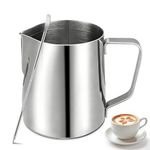 Milk Frothing Pitcher, 350ml/12oz Milk Jug for Coffee Machine, Stainless Steel Pitcher with Measurement Mark and Decorating Pen for Making Latte Art and Cappuccino, Suitable for Coffee Lovers, Silvery