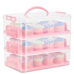 Flexzion 36 Cupcake Carrier 3 Tier Stackable Storage Container Collapsible Cake Carrier with Lid and Handle, Reusable Rectangular Plastic Dessert Travel Container, Display Holder Transport Box (Pink)