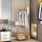 Suicune Golden Clothing Rack with Wheels Rolling Clothes Rack with Storage Basket Metal Moveable Coat Rack Stand Modern Garment Rack for Hanging Clothes for Bedroom Boutiques Coat Hanger Rack