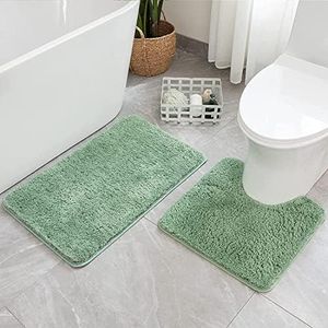 MIULEE Microfiber Bathroom Rugs Sets 2 Pieces Extra Thick Non Slip Bath Mat and U-Shaped Contour Toilet Rug for Bath Room Floor Restroom, 20"x30"+20"x20", Green
