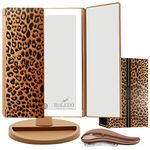 RoLeDo Makeup Mirror with Lights, 72 LED Vanity Mirror, 3 Color Lighting, Lighted Makeup Mirror, 3x/2X Magnification, Touch Control Portable Cosmetic Mirror Desk, Gifts for Women, Cheetah Print