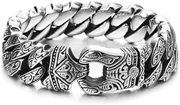 COOLSTEELANDBEYOND Mens Steel Vintage Fancy Curb Chain Bracelet with Tribal Tattoo Pattern, Retro Style, Masculine, Metal, not-applicable