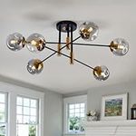 EOPSPYI Modern 6 Light Glass Globe Shade Sputnik Chandelier Black and Gold Semi Flush Mount Ceiling Light Fixture Mid Century Light Fitting for Living Room Dining Room Bedroom Kitchen Hallway