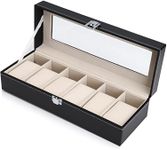 Watch Box to Store 6 Watches. Wooden Wristwatch Organiser Case with Faux Black Leather Finish, Clear Display Window & Metal Clip-lock Lid (6 slots)