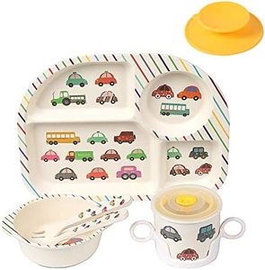 Shopwithgreen 5Pcs/Set Bamboo Kids Dinnerware Set - Children Dishes - Food Plate Bowl Cup Spoon Fork Set Dishware, Cartoon Tableware, Dishwasher Safe Kids Healthy Mealtime, BPA Free (Car)