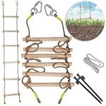 Wooden Rope Ladder for Kids with Ground anchoring - Outdoor or Indoor Climbing Rope Ladder for Ninja Slackline, Backyard, Playground, Home Gym, Fitness Class, Park, Treehouse