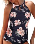 Tempt Me Women Tankini Top High Neck Bathing Suit Top for Women Key Hole Swimsuit Top Halter Swim Top Only, Black Floral, Large