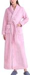 FEOYA Women Flannel Bathrobe Lady Cozy Spa Long Robe Soft Fleece Dressing Gown Ladies Pajamas Loungewear Pink 3XL