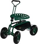 Sunnydaze Garden Cart Rolling Scooter with Extendable Steering Handle -Swivel Seat and Utility Basket - Green