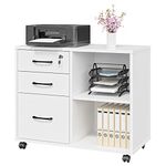 3 Drawer File Cabinet, Mobile Lateral Printer Stand with 2 Open Storage Shelves Home Office Rolling Mobile Filing Cabinet With Wheels (White)