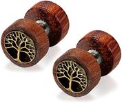 Flongo Earrings Stainless Steel Wood Retro Tree of Life Lion Head Stud Earrings Brown for Men and Women, Wood, without stone