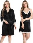 Sanjeet Fashion HUB Women's Nighty 2 Pieces Set with Robe (Black, Satin Blend)