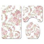 Morbuy 3 Pieces Polyester Non Slip Bathroom Mat Sets Bath Mat + Pedestal Mat + Toilet Seat Cover Mat, Home Decor - Floral Print (Pink rose)