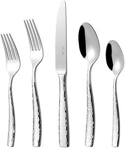 Luciella Ponza Flatware Set for 8, 45-Piece Stainless Steel Silverware Set with Serving Utensils, Timeless Hammered Design, Rust-Resistant, Mirror Polished & Dishwasher Safe, House Warming Gifts
