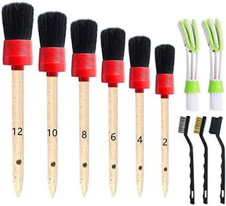 Nurkul 11Pcs Auto Detailing Set, Boar Hair Brushes, Steel Wire & A/C Brushes, Red, Soft Bristles, Wood Handles for Cleaning Interior, Exterior, Leather, 6 Sizes