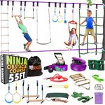 Ninja Warrior Obstacle Course for Kids - 2 x 55ft Slackline Double The Fun Exciting Obstacles Cargo Net Rope Ladder Monkey Bars Ninja Course for Kids