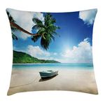 Ambesonne Tropical Throw Pillow Cushion Cover, Wooden Boat Seychelles Beach with Palm Trees Paradise Ocean Scenery, Decorative Square Accent Pillow Case, 16" X 16", Green Beige