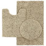 HOMEIDEAS 3 Pieces Beige Bathroom Rugs Set, Ultra Soft Non Slip Bath Rug and Absorbent Chenille Bath Mat, Includes U-Shaped Contour Rug, Bath Mat and Toilet Lid Cover, Perfect for Bathroom, Tub