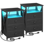 LED Nightstands Set of 2, End Side Table with Charging Station, Bedside Table with USB Port & Power Outlet, Modern Night Stand with Fabric Storage Drawers HET053LBK