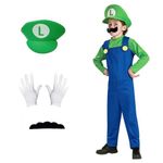 Yisound123 Costume for Kids 3-12, Mario and Luigi Costume Game Outfit Fancy Dress Up Jumpsuit Bodysuit Cosplay with Hat Gloves Moustaches (Red(3-4)) (Green, 5-6)