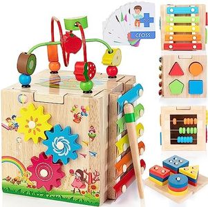 Bravmate Wooden Activity Cube, 8-in-1 Montessori Toys for 1-2 Year Old Baby Boy & Girl, Multipurpose Educational Toy for Toddler, Kid, First Birthday Gift with Bonus Sorting & Stacking Board