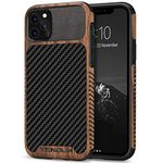 TENDLIN Compatible with iPhone 11 Pro Case Wood Grain with Carbon Fiber Texture Design Leather Hybrid Case