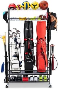 FHXZH Golf Bag Storage Garage Organizer, 3 Golf Bag Stand and Sports Equipment Storage Rack for Garage with Wheels, 4 Hooks, Golf Accessories Storage Rack with Extra Golf Clubs Display Rack