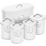 HEFTMAN White Kitchen Canister Set - Stylish 5 Piece Kitchen Storage Canister Set for Bread, Biscuits, Sugar Coffee Tea Storage Set Airtight, Labelled Containers White Kitchen Accessories (5 PCS)