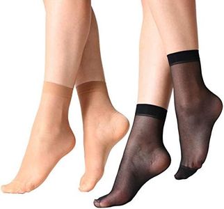 MANZI 12 Pairs Women's Ankle High Sheer Socks, 6 Pairs Black and 6 Pairs Natural