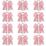 Glitter Cheer Bows, Caenagrion 12 PCS 7" Large Cheer Hair Bows Ponytail Holder Elastic Band Handmade for Cheerleaders Teen Girls College Sports（Pink）