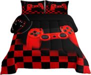 Gamer Comforter Set for Boys Teen Gaming Bedding Set Video Game Controller Home Decor for Men Child Buffalo Plaid Check Down Comforter Full Size 3 Pcs Duvet Set with 2 Pillow Shams,Black Red Geometric