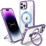 Flyzoo Magnetic Kickstand Case for iPhone 14 Pro Max, [Compatible with MagSafe & Invisible Ring Stand Holder] [Non-Yellowing & Shockproof] Clear Transparent Silicone Edge Cover, 6.7'', Clear Purple