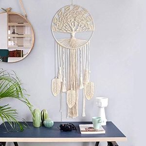 Tree of Life Large Dream Catcher, Boho Macrame Dreamcatcher with Feather Leaf | Large Woven Wall Hanging for Bohemian Wedding, Bedroom, Nursery, Cafe, or Gypsy Decor