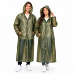 MIKANIX Waterproof Hooded Raincoat for Men & Women | Full Length Reusable PVC Rain Wear | Lightweight Windproof Rain Jacket with Front Button Closure & Pockets (Olive Green)