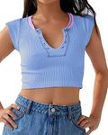 Beumissy Women's Crop Top Crew Neck T-Shirt Short Sleeve Ribbed Knit Basic Crop Tank Top, Blue, Medium