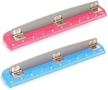 Darice 3 Hole Puncher 2 Pack - 5 Sheet Capacity Paper Punch with 10" Ruler - 3 Ring Easy-Clean Tray, Portable, Compact - Blue Pink