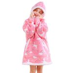 Viviland Wearable Blanket Hoodie for Kids - Oversized Soft Flannel Sherpa Sweatshirt With Giant Pocket - Warm Plush Comfy Hooded Blanket for Girls 6-10 Years Old - Pink Unicorn Gift