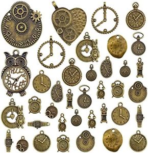 JIALEEY Antiqued Bronze Clock Face Charm Pendant, Wholesale Bulk Lots Mixed Gears Steampunk Charms Pendants DIY for Necklace Bracelet Jewelry Making and Crafting, 100g(38PCS), Alloy Steel, alloy steel