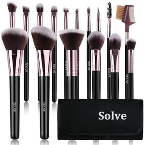 Makeup Brushes, SOLVE 16Pcs Makeup Brush Set, Premium Synthetic Fiber Make up Brushes for Foundation Powder Concealers Eyeshadow Eyeliner, Professional Brush Set Make up with Black Case（Black&Pink）