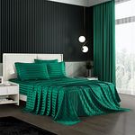 AiMay 6 Piece Satin Italian Style Bed Sheet Set Deep Pocket Stripes Super Soft 1800 Luxury Rich Silk 1 Flat Sheet 1 Fitted Sheet 4 Envelope Pillowcases Stain-Resistant Wrinkle Free (King,Green)