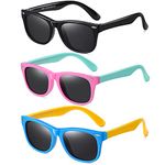 DYLB Kids Polarized Sunglasses for girls boys 3 Pack, Flexible TPEE Rubber Frame for Children Age 3-9 (Black +Pink Green +Blue Yellow)