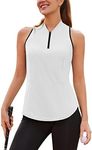 Golf Polo Shirt Collarless Shirts for Women Sleeveless Solid Tennis Shirts Stretchy 1/4 Zip Up Tops White S