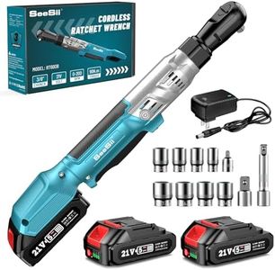 Seesii Clé à cliquet sans fil 3/8", clé à cliquet 90 N.m 200 tr/min, deux cliquet sans fil 21 V à vitesse variable, 7 clés à douille, adaptateur 1/4" et 1/2", tige d'extension 3"